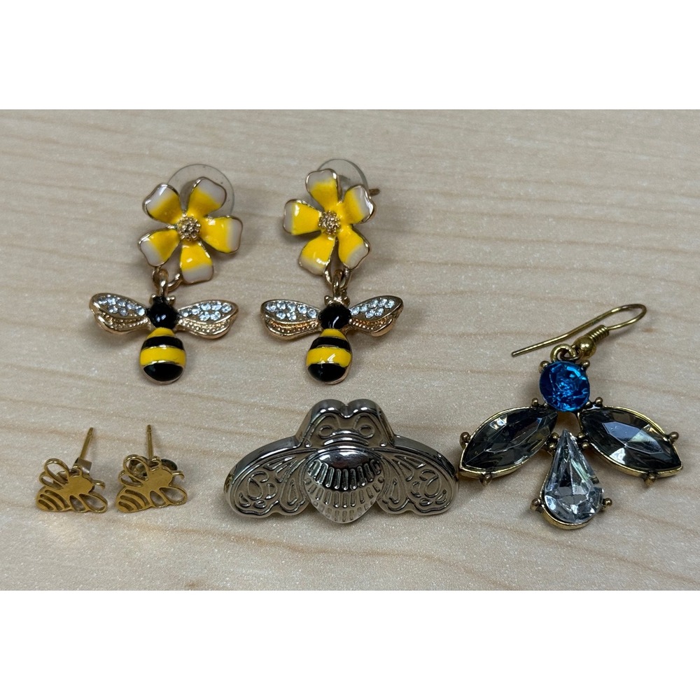 Tequila Patron Bee Pin & Bumblebee Earring Lot Gold Silver Yellow Whimsical 🐝